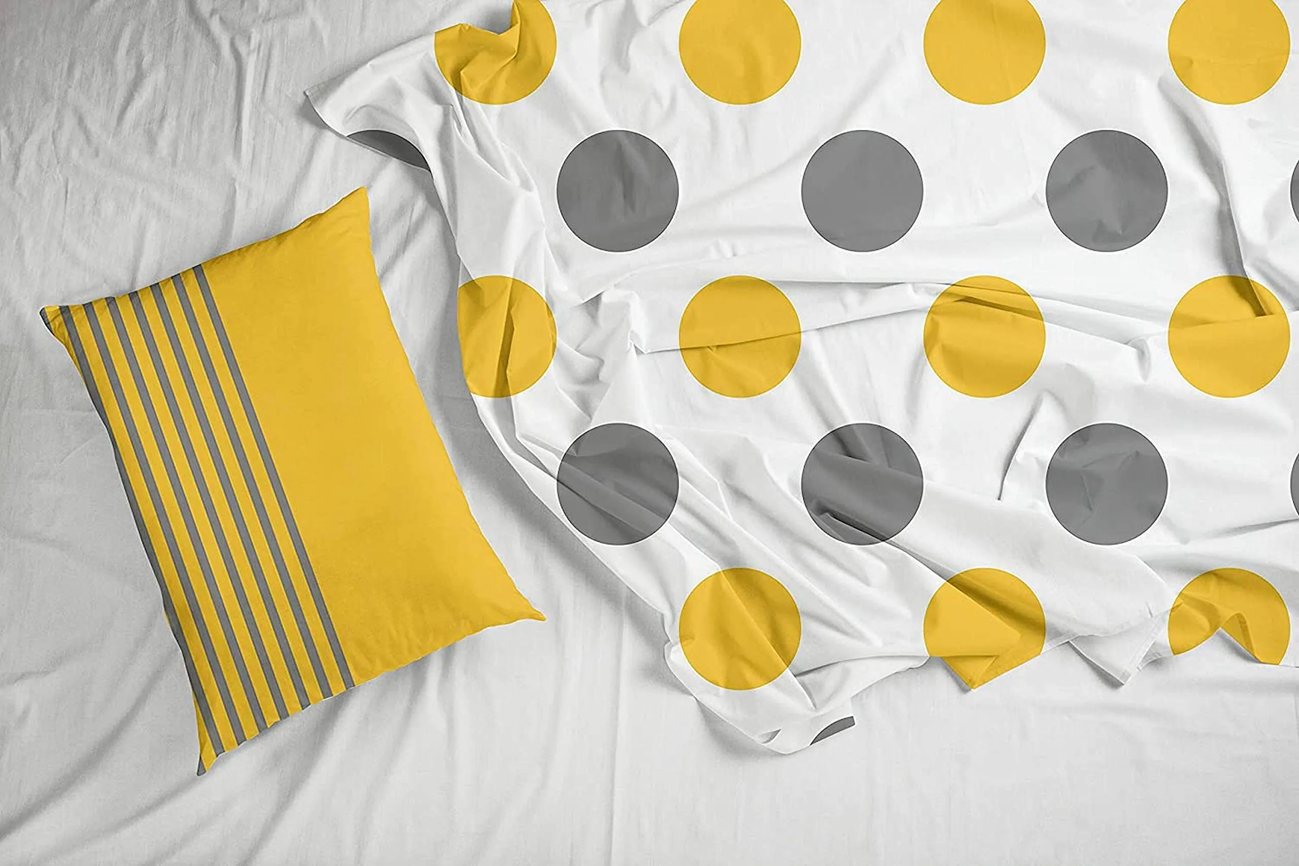 LORETO – A QUALITY LINEN BRAND 144 TC 100% Cotton Bedsheet for Double Bed with 2 Pillow Covers, Polka - Yellow & Grey