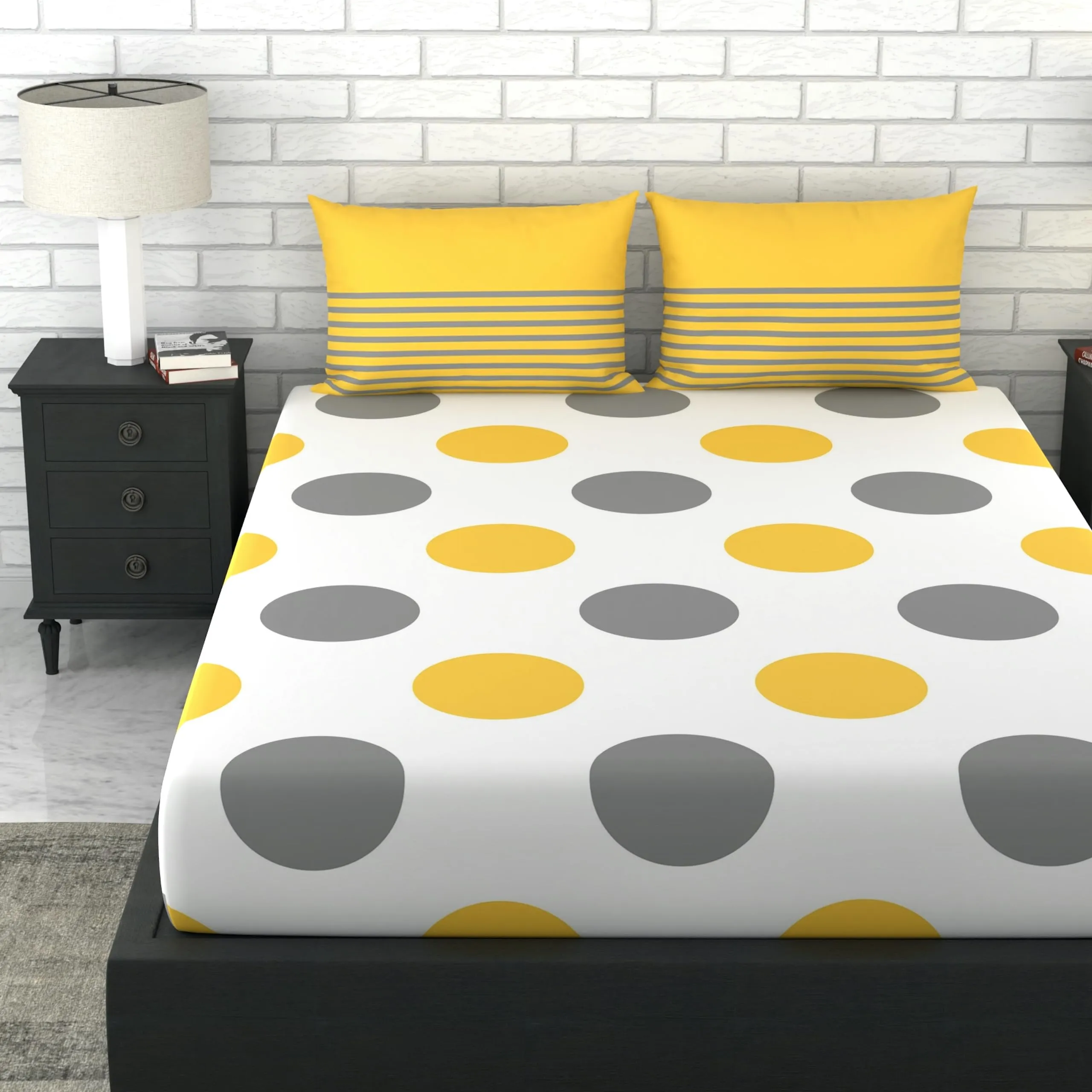 LORETO – A QUALITY LINEN BRAND 144 TC 100% Cotton Bedsheet for Double Bed with 2 Pillow Covers, Polka - Yellow & Grey