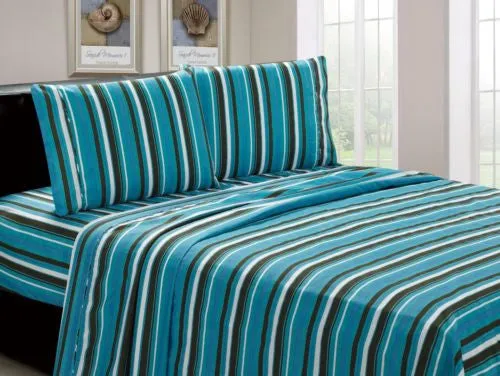 Luxurious Brushed Microfiber Teal Striped Pattern 4 Pc Sheet Set