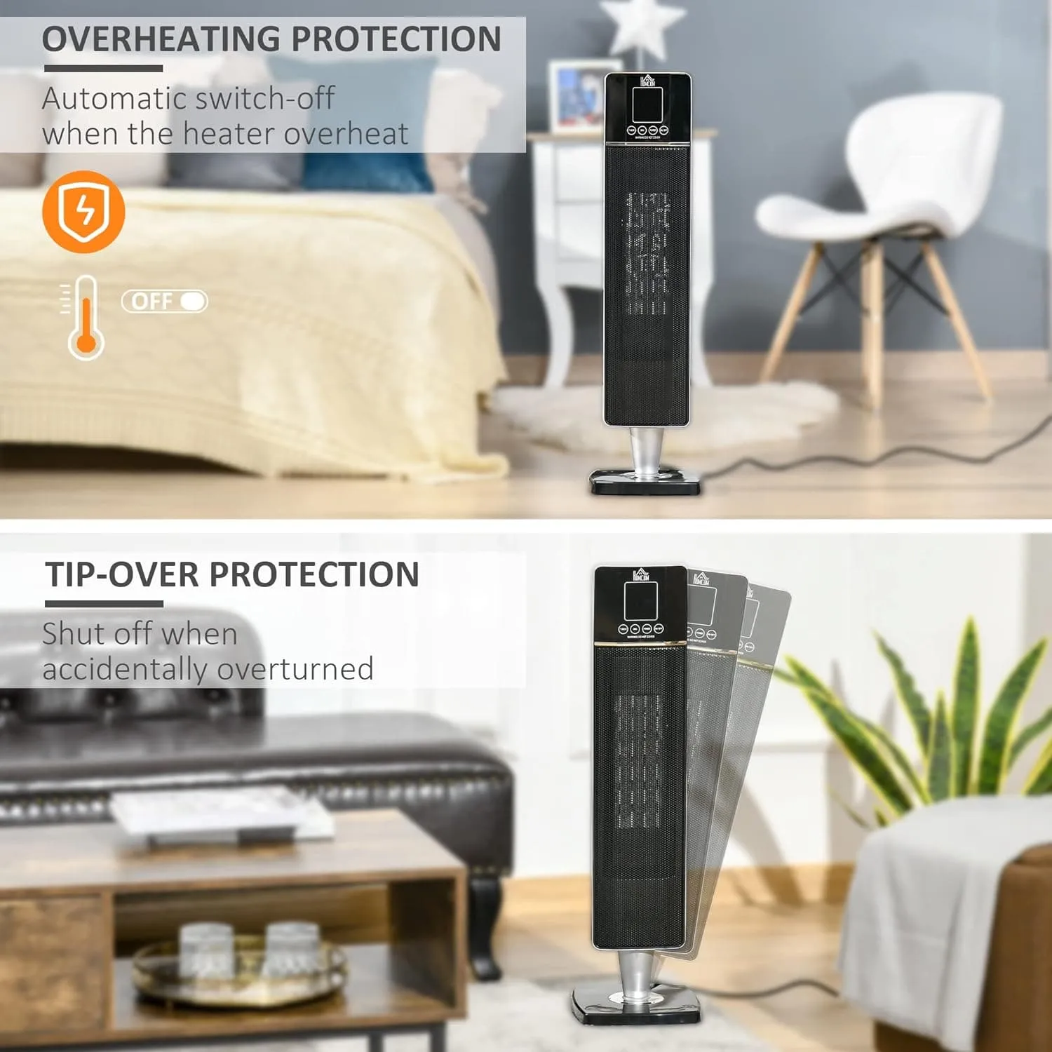 Maplin Plus 2kW Portable Indoor Oscillating Ceramic Tower Space Heater with Adjustable Modes - Black