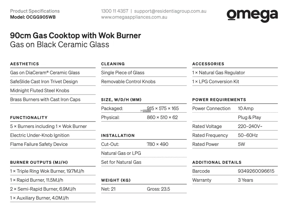 Omega OCGG905WB 90cm Gas on Ceramic Glass Cooktop - Special Order