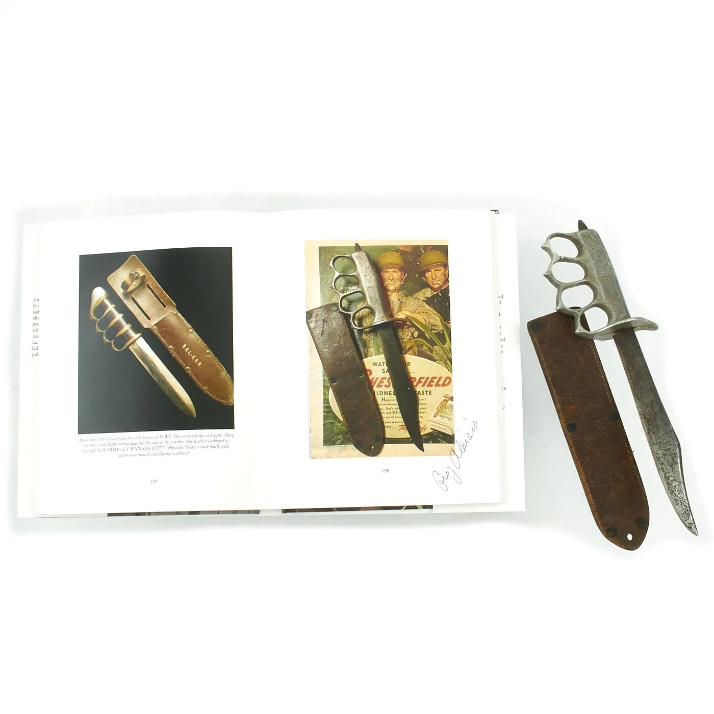 Original U.S. WWII Custom Knuckle Duster Fighting Knife As Seen in Book Signed By Author - Page 198