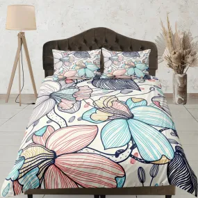 Pastel colors line art floral bedding, luxury duvet cover queen, king, boho duvet, designer bedding, aesthetic full size bedding, maximalist