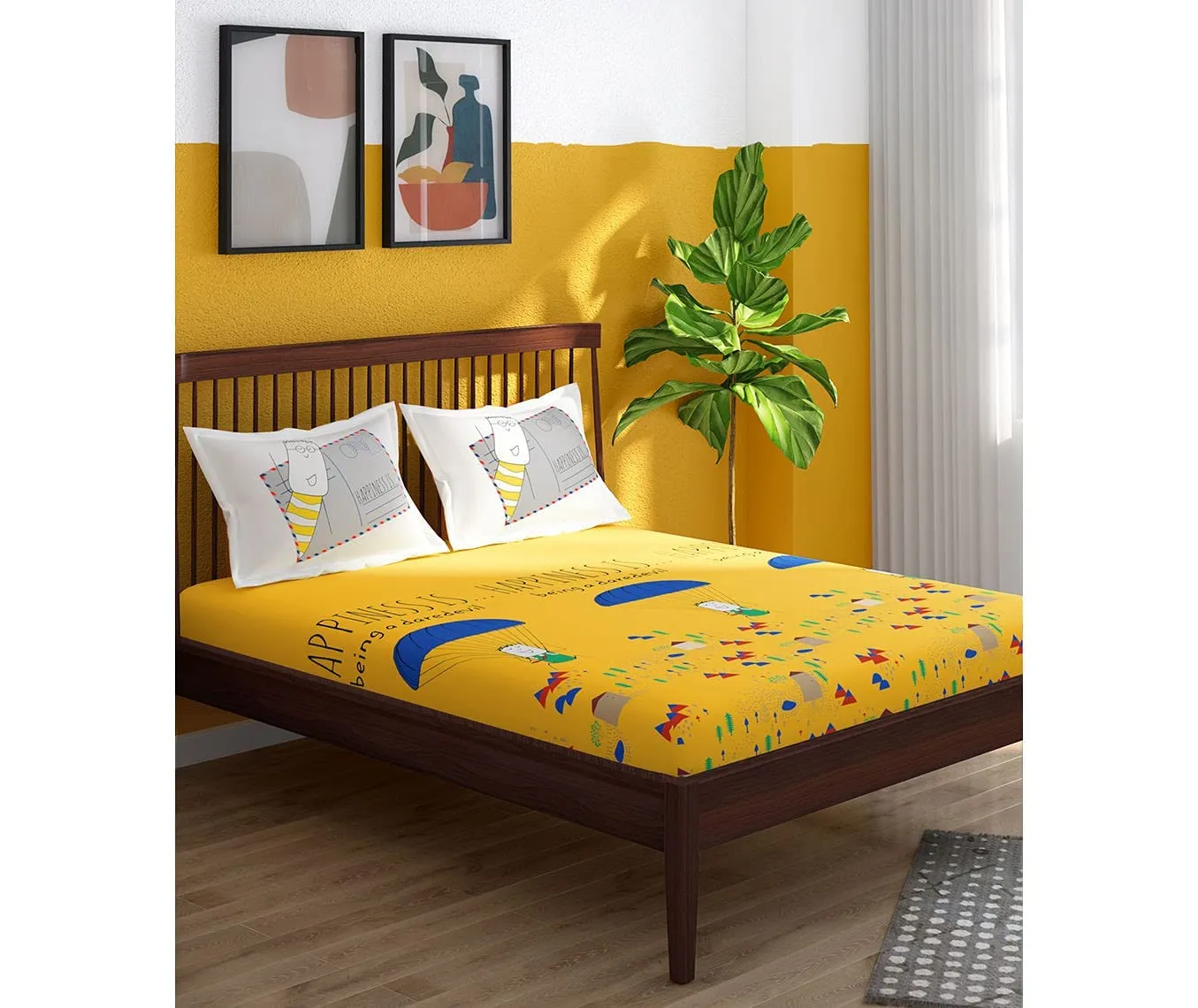 Portico New York New Happiness Collection Super King Size Bedsheet With 2 Pillow Covers - ( Cotton, Vibrant Yellow),144 TC