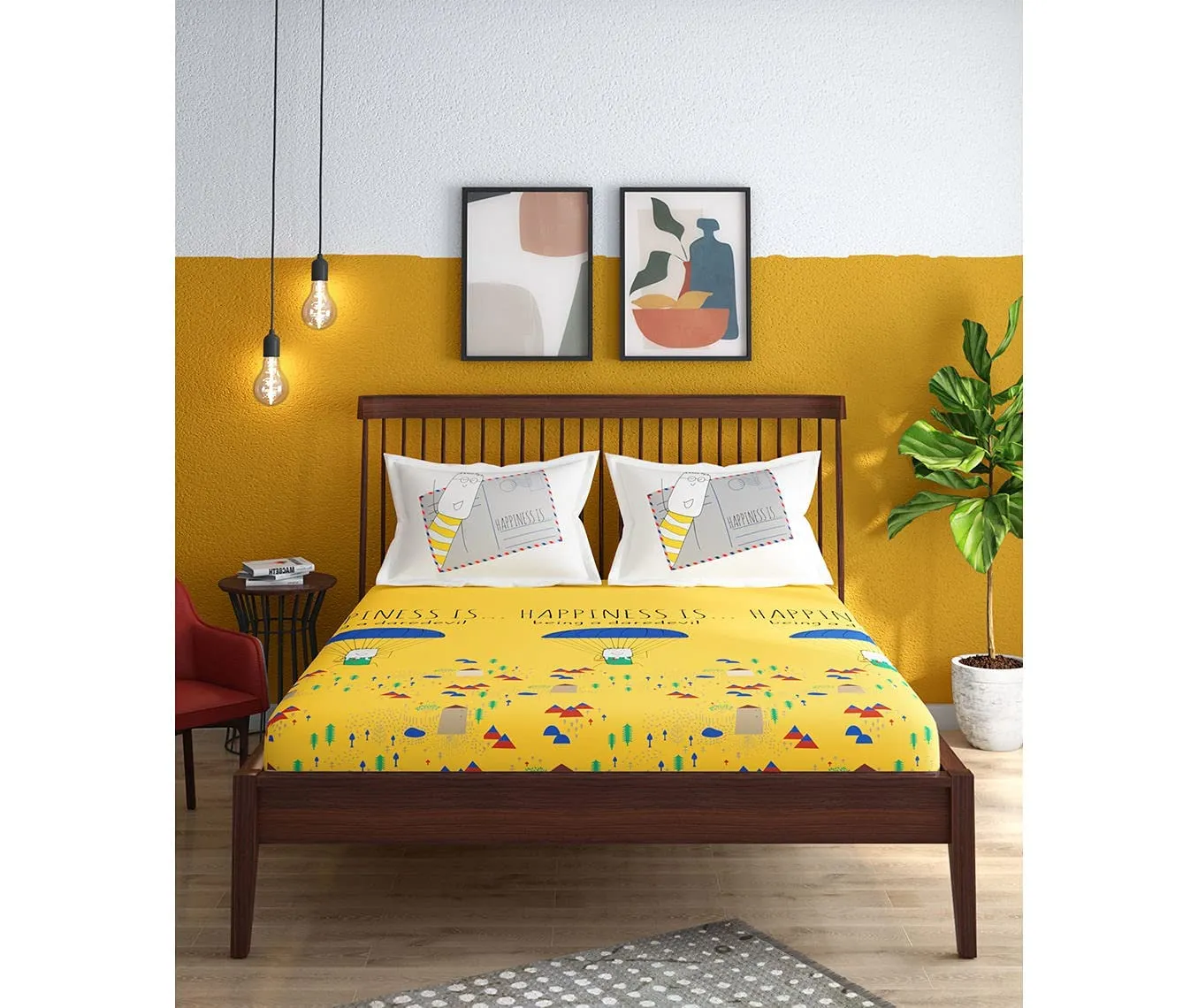 Portico New York New Happiness Collection Super King Size Bedsheet With 2 Pillow Covers - ( Cotton, Vibrant Yellow),144 TC