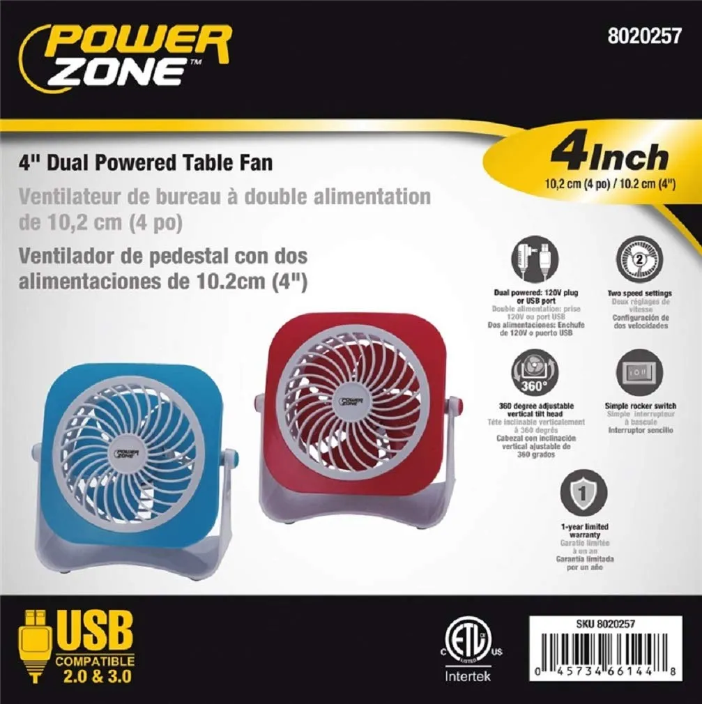 Power Zone QT-U403B Dual Powdered Table Fan, 2 Speeds, Plastic