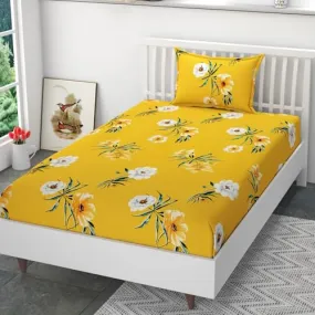 Prince Handloom 200 TC Polycotton Feel Premium Printed Supersoft Elastic Fitted 1 Single Bed Bedsheet with 1 Pillow Covers Size 48 x 72 x 8 inch, Yellow-Floral