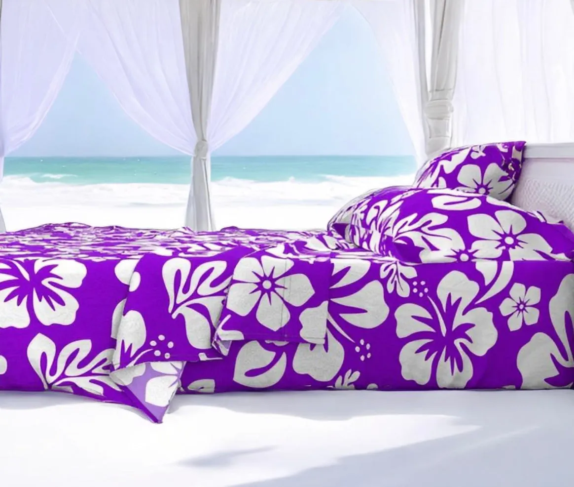 Purple and White Hawaiian Flowers Sheet Set from Surfer Bedding™️ Medium Scale