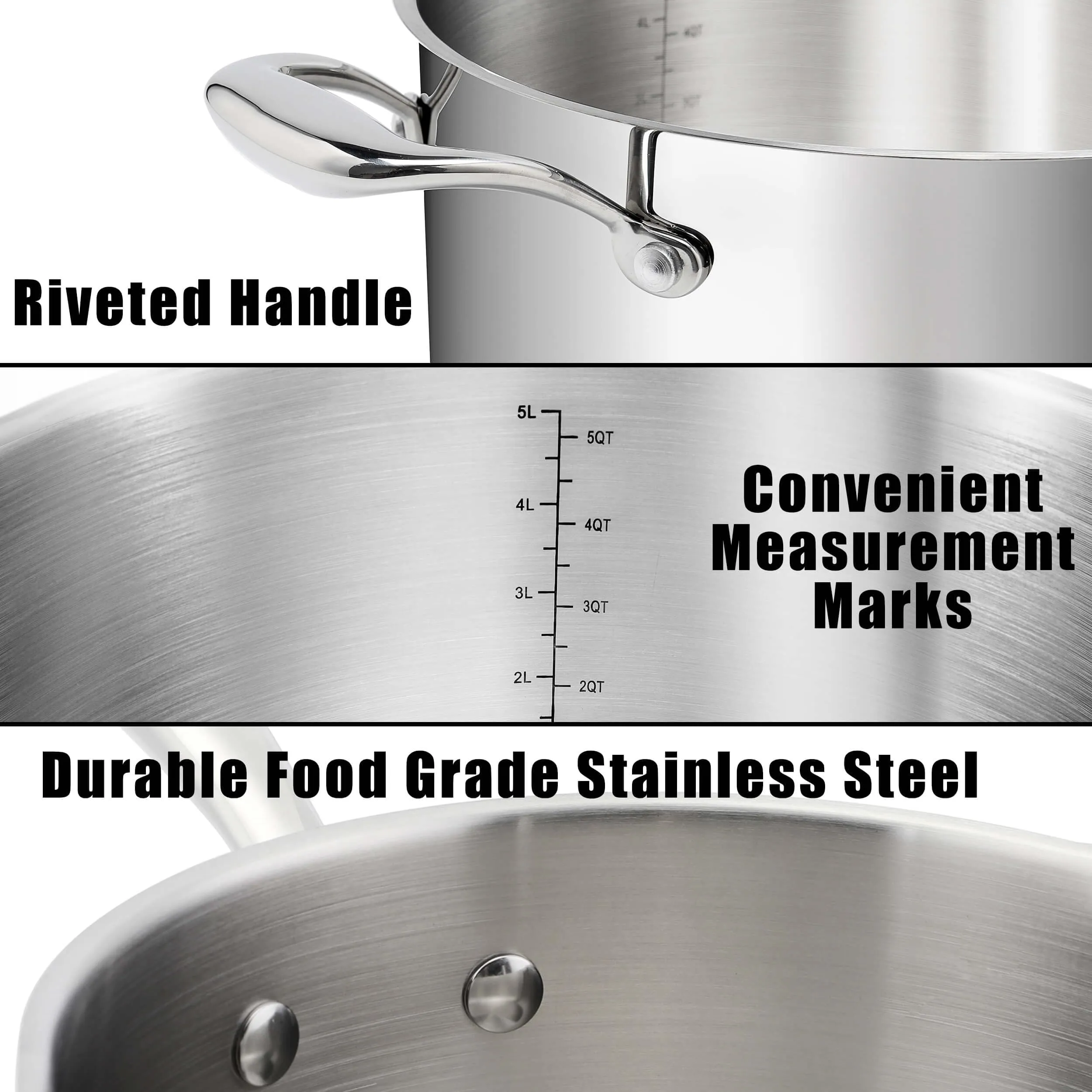 Rorence Stainless Steel Stock Pot with Lid: 6 Quart Stockpot Pasta Pot with Two Side Spouts, capsule Bottom, Glass Lid