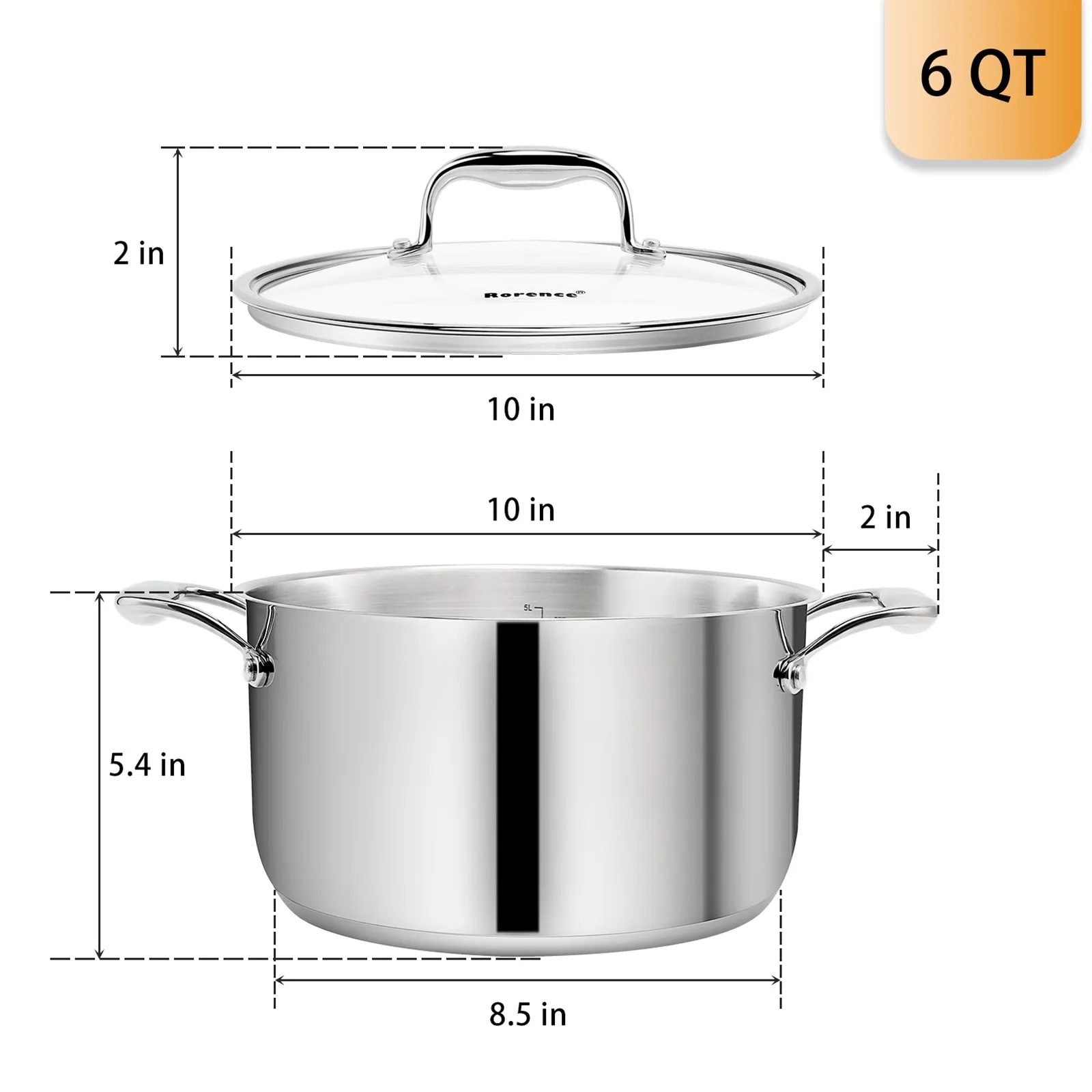 Rorence Stainless Steel Stock Pot with Lid: 6 Quart Stockpot Pasta Pot with Two Side Spouts, capsule Bottom, Glass Lid