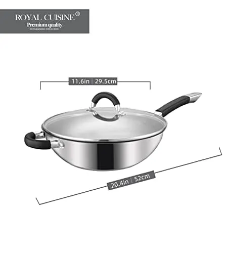 Royal Cuisine Stainless Steel Wok Pan with lid, Stir Fry Pan with Glass Cover Compatible with Induction, Energy Saving (28cm)