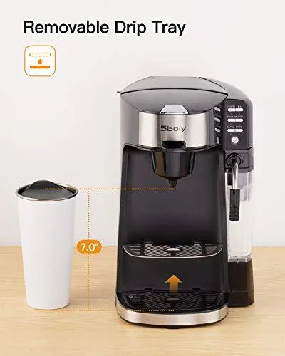 Sboly 6 In 1 Coffee Machine, Single Serve Coffee, Tea, Latte and Cappuccino Maker, Compatible With K-Cup Pods & Ground Coffee, Compact Coffee Brewer with Dishwasher Safe Milk Frother