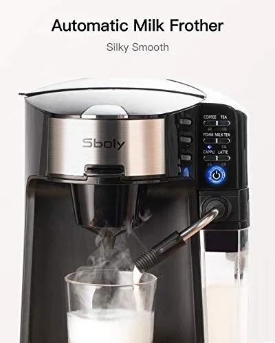 Sboly 6 In 1 Coffee Machine, Single Serve Coffee, Tea, Latte and Cappuccino Maker, Compatible With K-Cup Pods & Ground Coffee, Compact Coffee Brewer with Dishwasher Safe Milk Frother