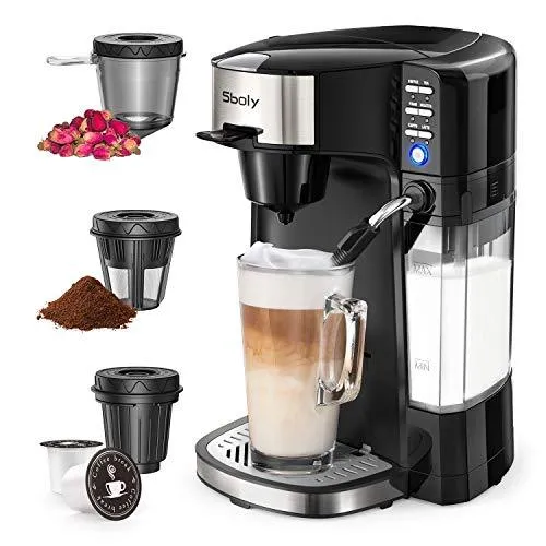 Sboly 6 In 1 Coffee Machine, Single Serve Coffee, Tea, Latte and Cappuccino Maker, Compatible With K-Cup Pods & Ground Coffee, Compact Coffee Brewer with Dishwasher Safe Milk Frother