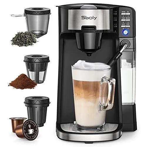 Sboly 6 In 1 Coffee Machine, Single Serve Coffee, Tea, Latte and Cappuccino Maker, Compatible With K-Cup Pods & Ground Coffee, Compact Coffee Brewer with Dishwasher Safe Milk Frother