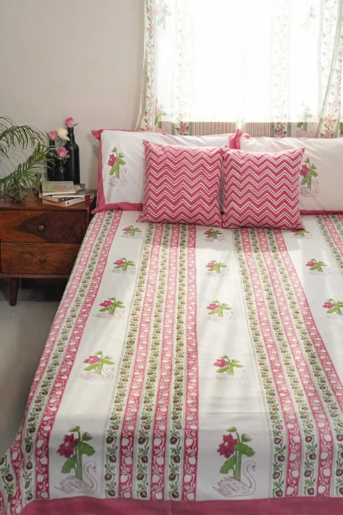 Serene Swan Lotus Hand Block Printed Cotton Percale Bedsheet