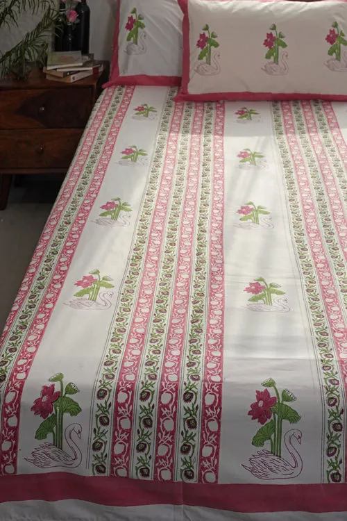 Serene Swan Lotus Hand Block Printed Cotton Percale Bedsheet