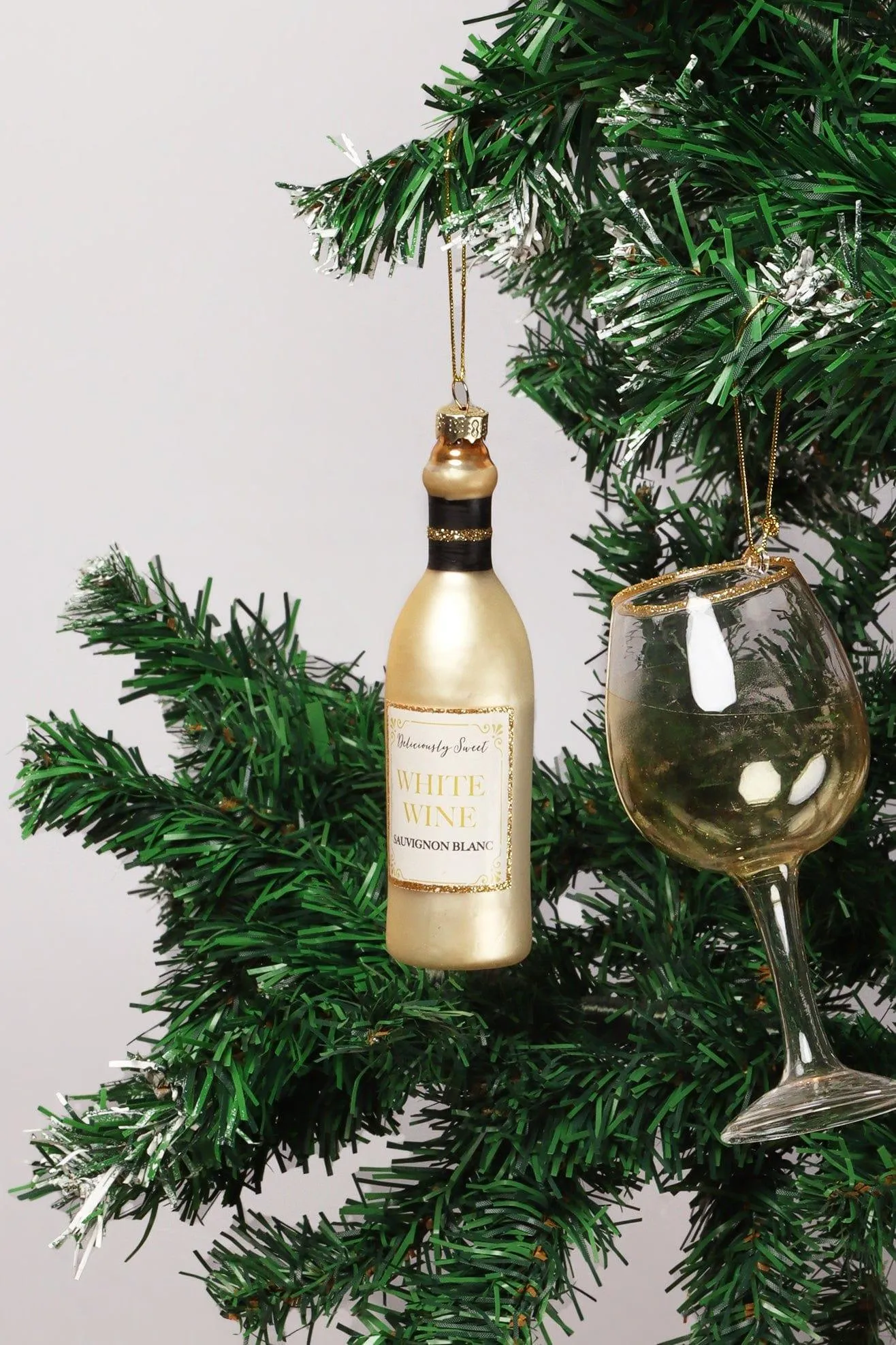 Set of Large White Wine Bottle and Glass Christmas Tree Ornaments