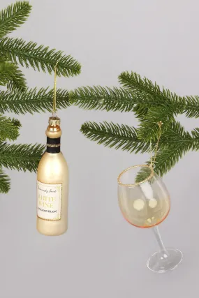 Set of Large White Wine Bottle and Glass Christmas Tree Ornaments