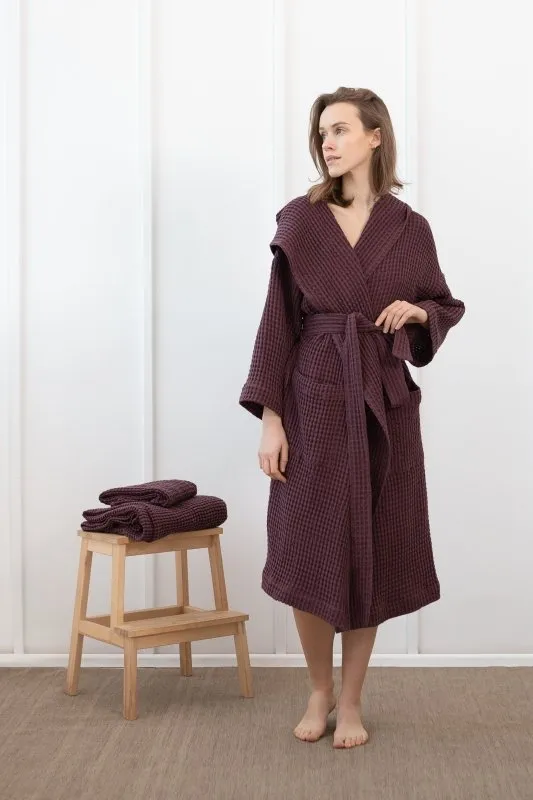 Set of linen waffle towels and robes with hoodie