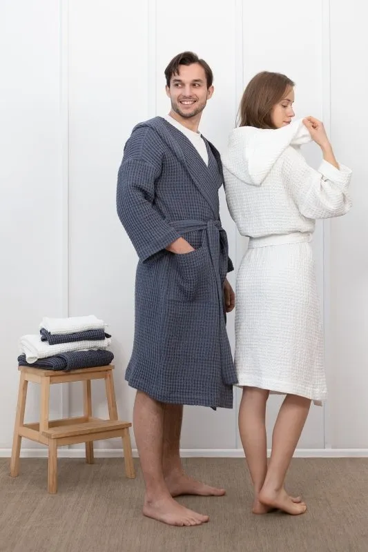 Set of linen waffle towels and robes with hoodie