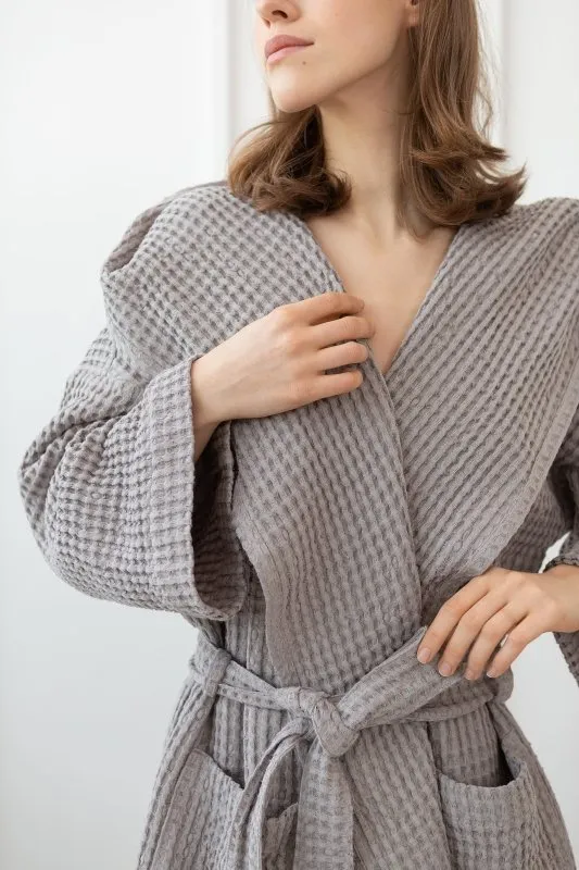 Set of linen waffle towels and robes with hoodie