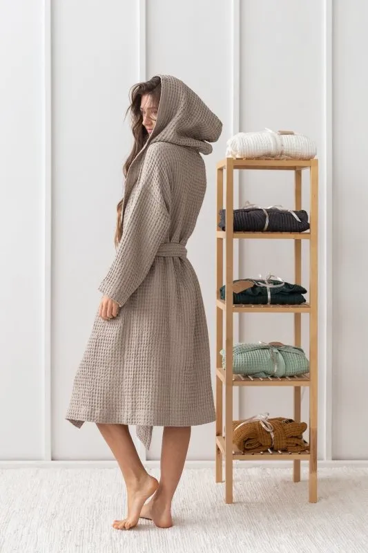 Set of linen waffle towels and robes with hoodie