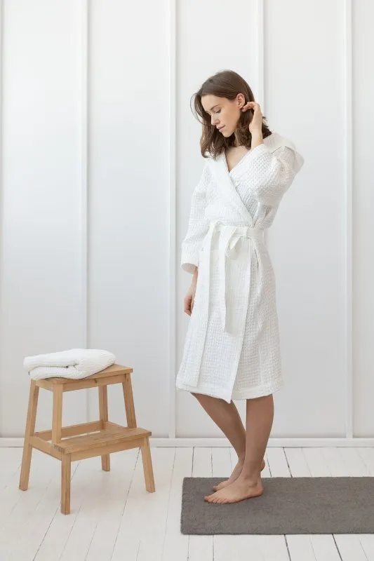 Set of linen waffle towels and robes with hoodie