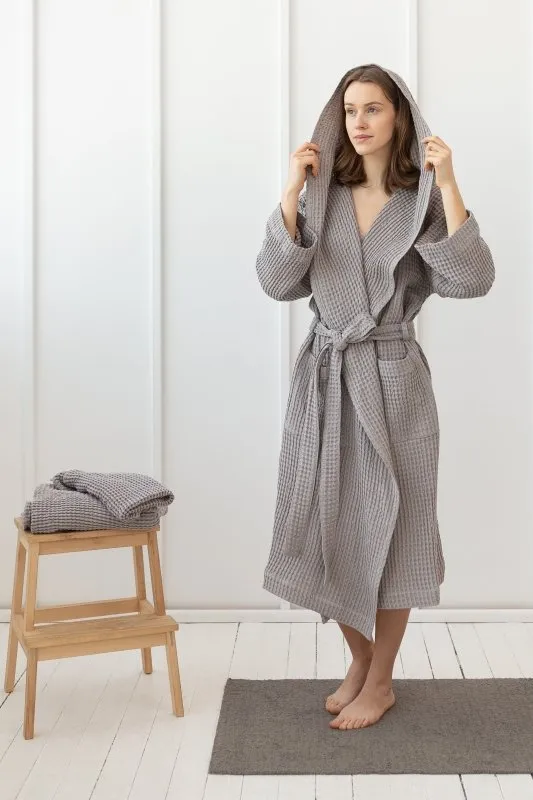 Set of linen waffle towels and robes with hoodie