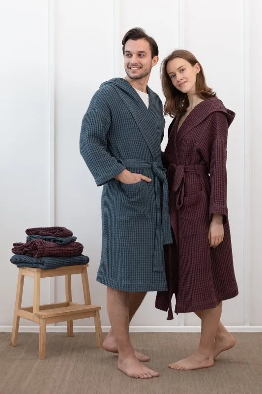 Set of linen waffle towels and robes with hoodie