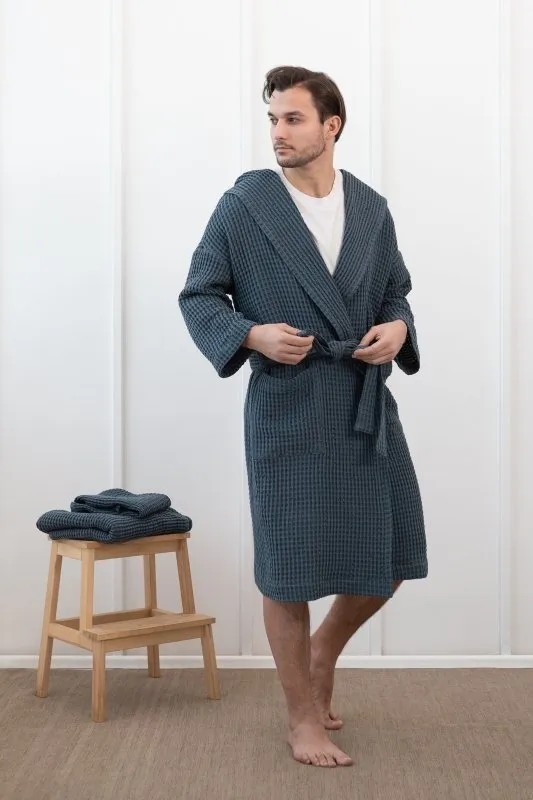 Set of linen waffle towels and robes with hoodie