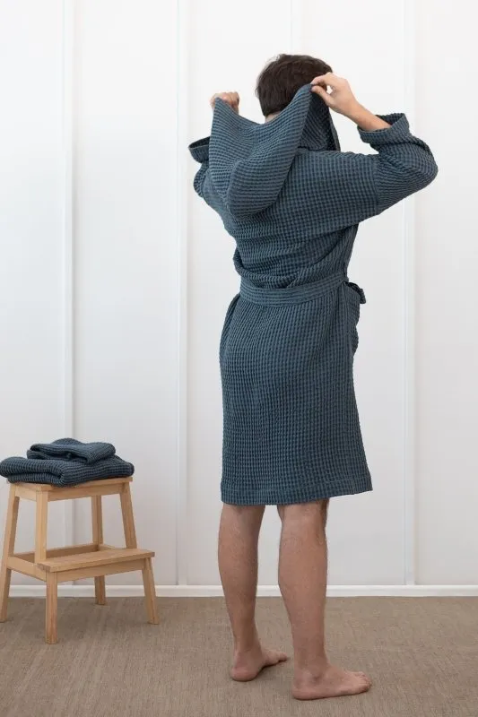 Set of linen waffle towels and robes with hoodie