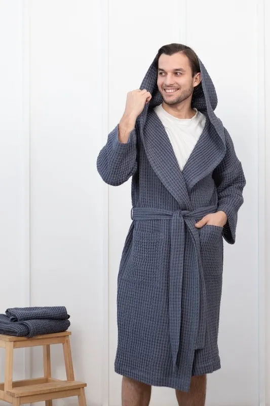 Set of linen waffle towels and robes with hoodie