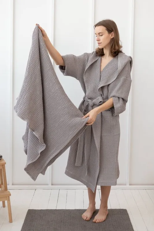 Set of linen waffle towels and robes with hoodie