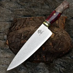 Shinobi Damascus Chef Knife with Exotic Olive Wood Burl Handle