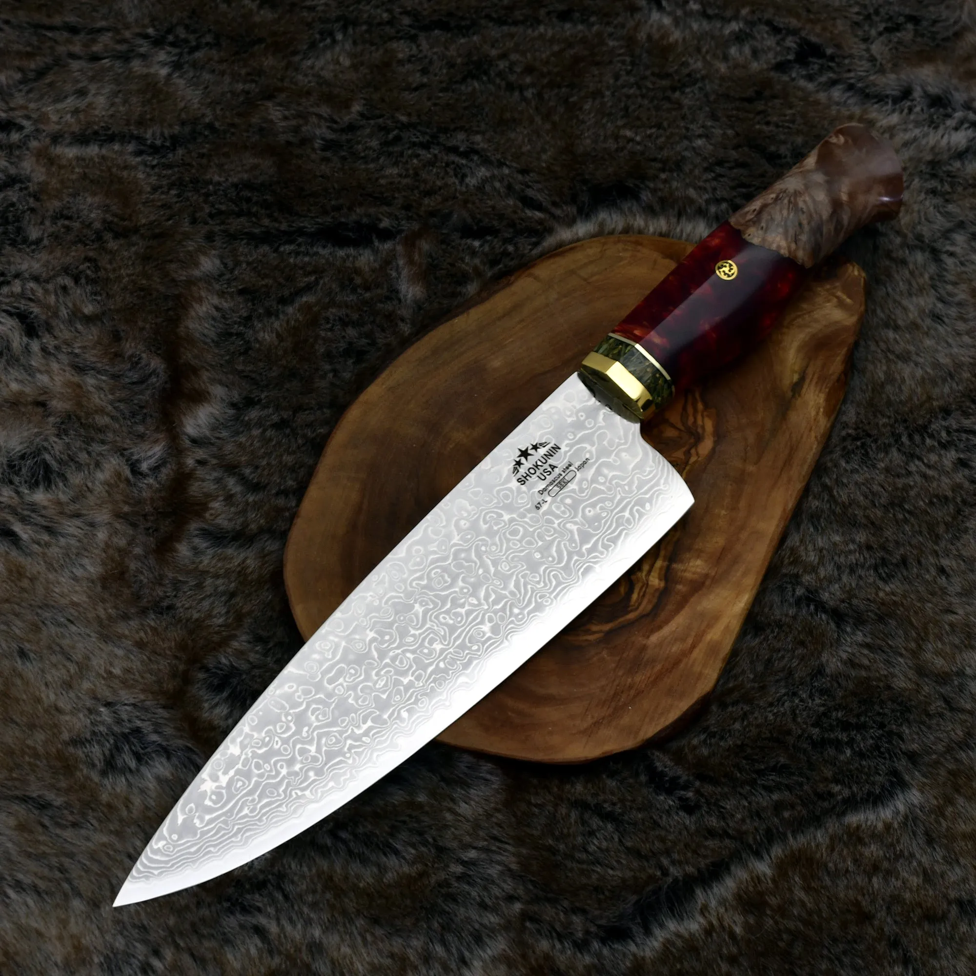 Shinobi Damascus Chef Knife with Exotic Olive Wood Burl Handle