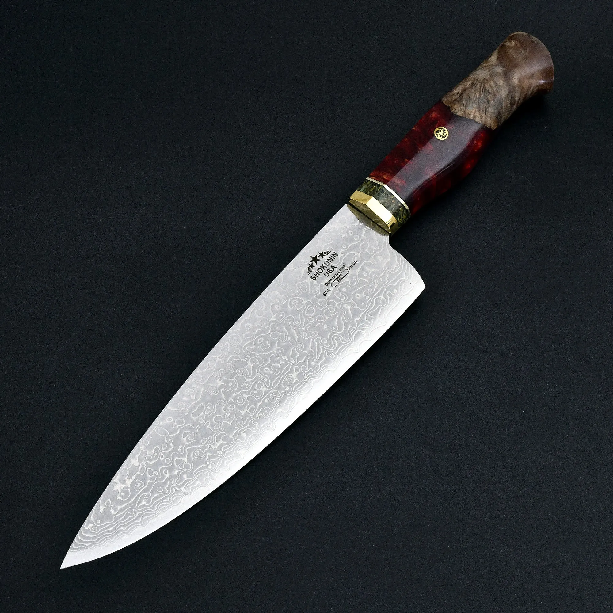 Shinobi Damascus Chef Knife with Exotic Olive Wood Burl Handle