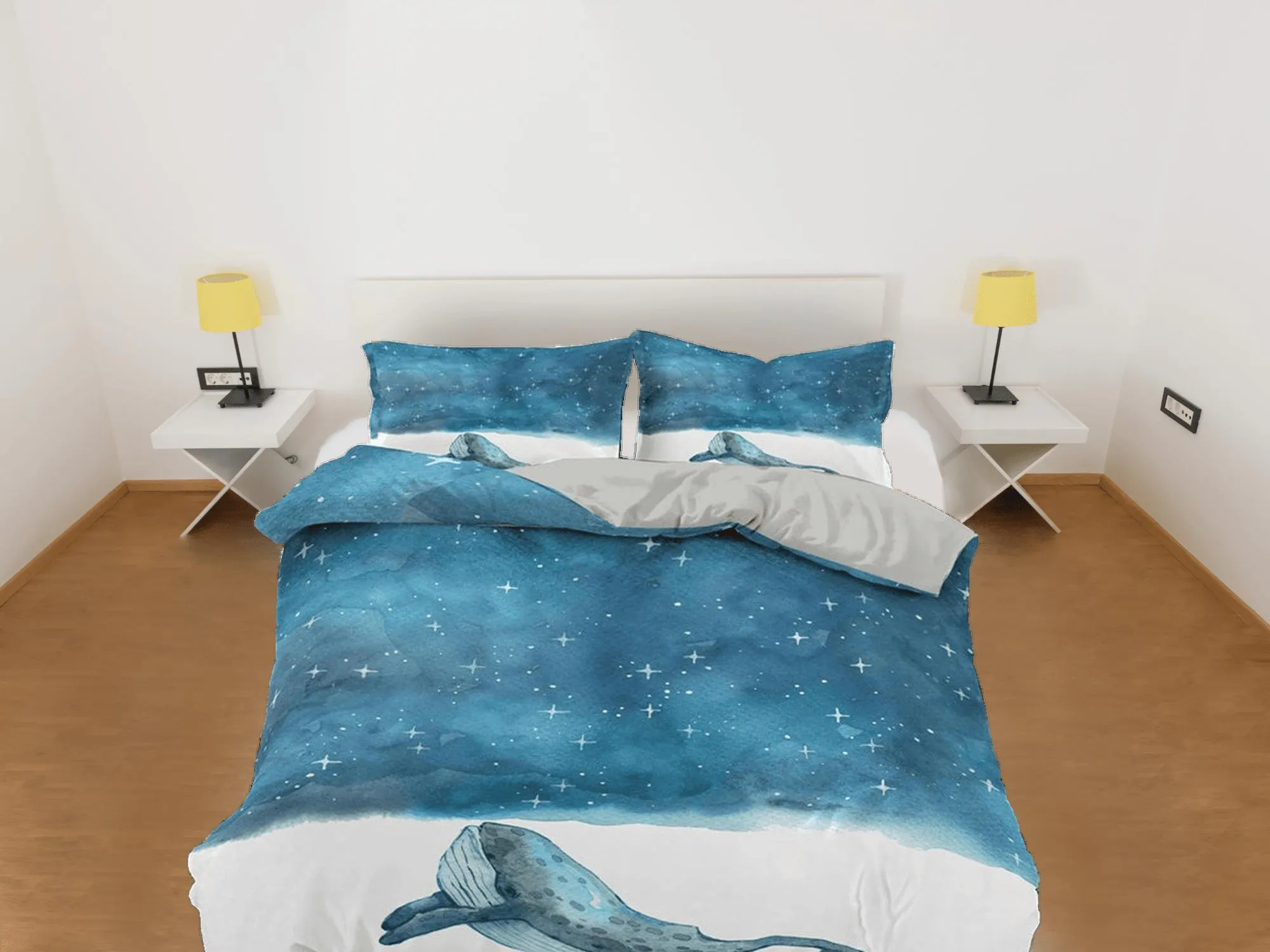 Stars in sky painted dolphin bedding artistic blue duvet cover, ocean blush decor sea animal bedding set full king queen twin, dorm bedding