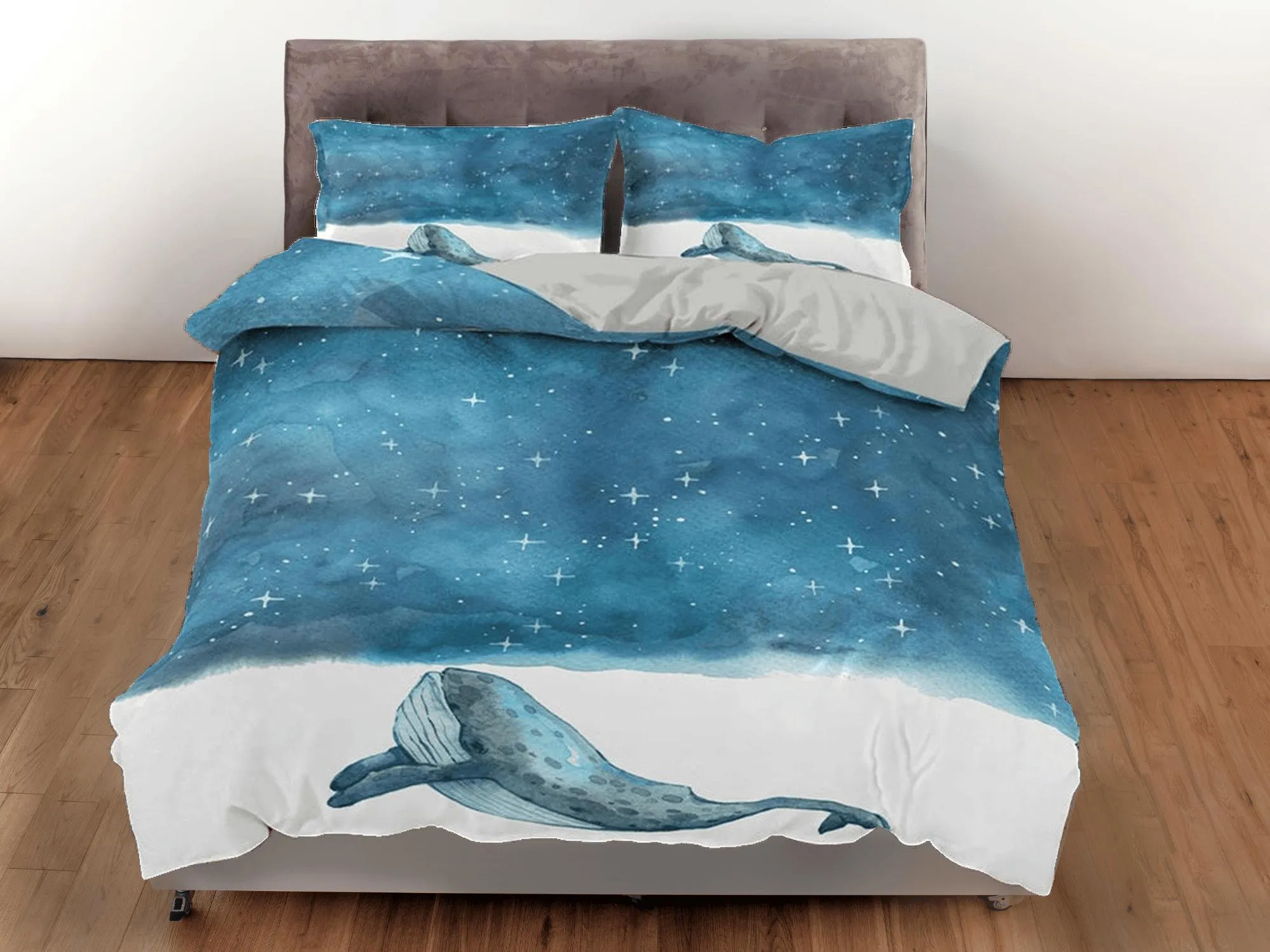 Stars in sky painted dolphin bedding artistic blue duvet cover, ocean blush decor sea animal bedding set full king queen twin, dorm bedding