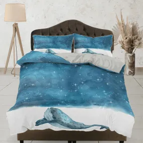 Stars in sky painted dolphin bedding artistic blue duvet cover, ocean blush decor sea animal bedding set full king queen twin, dorm bedding