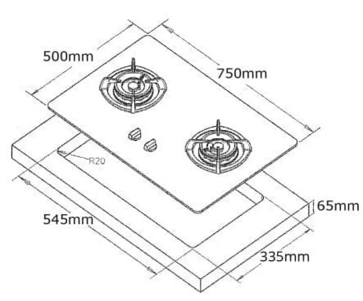 Tecno Uno T 22 TGSV / MTBK Toughened Glass Hob (SCHOTT) Matte Black 75cm, V.V.S  2 Burners (2x Big)