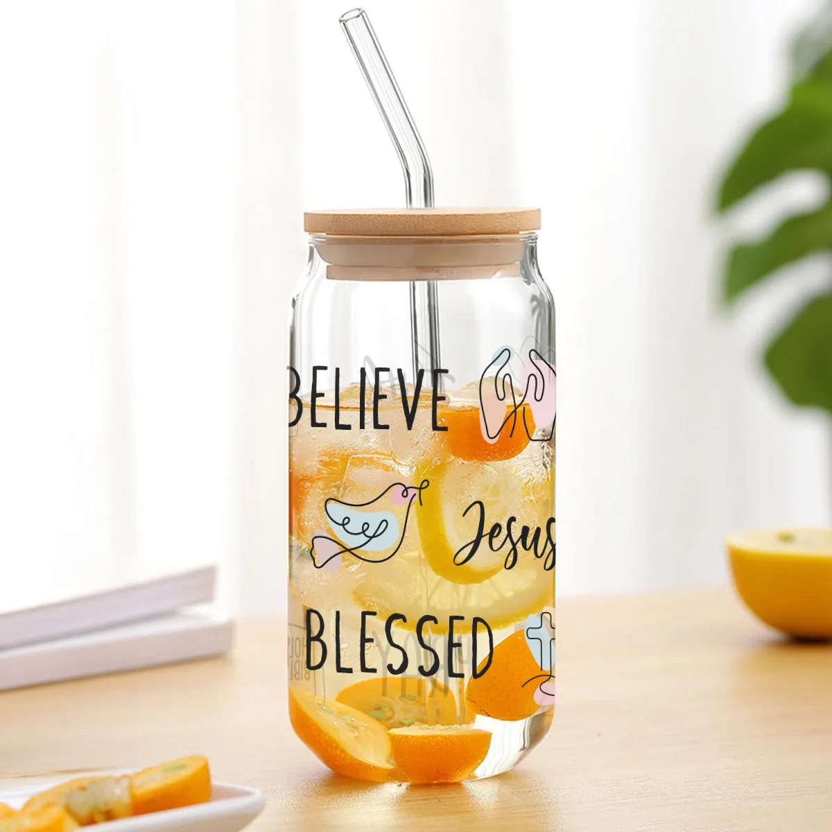 Teesdily | God Bible Verse Glass Tumbler, Christian Affirmation Frosted Glass Can, Christianity Continuous Line Symbols Coffee Cup, Religious Gifts