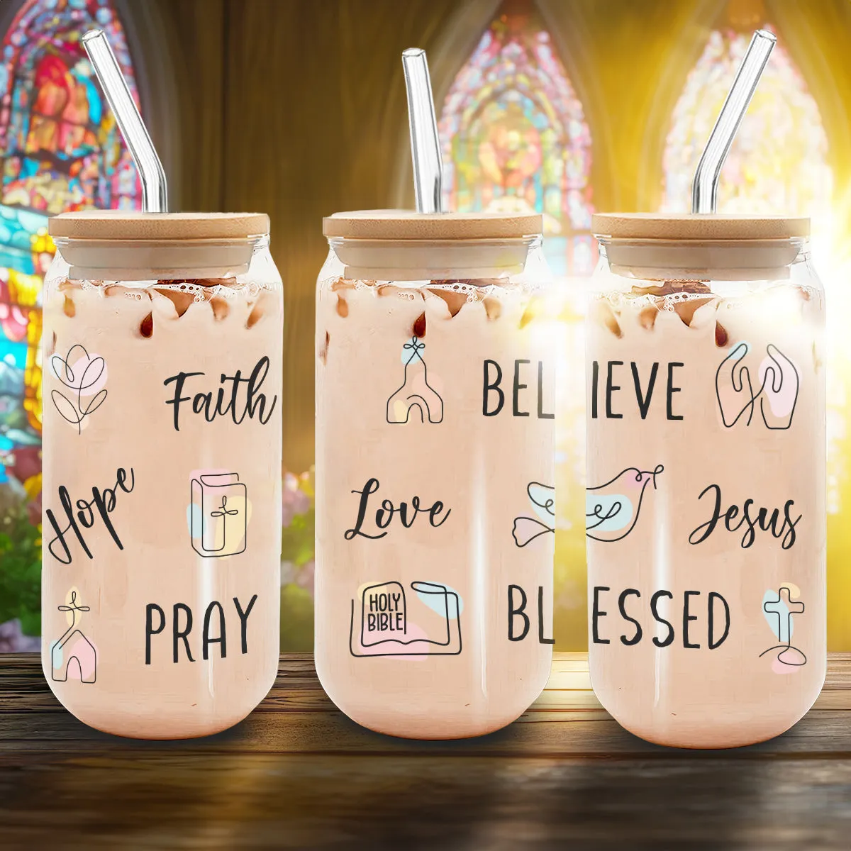 Teesdily | God Bible Verse Glass Tumbler, Christian Affirmation Frosted Glass Can, Christianity Continuous Line Symbols Coffee Cup, Religious Gifts