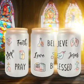 Teesdily | God Bible Verse Glass Tumbler, Christian Affirmation Frosted Glass Can, Christianity Continuous Line Symbols Coffee Cup, Religious Gifts