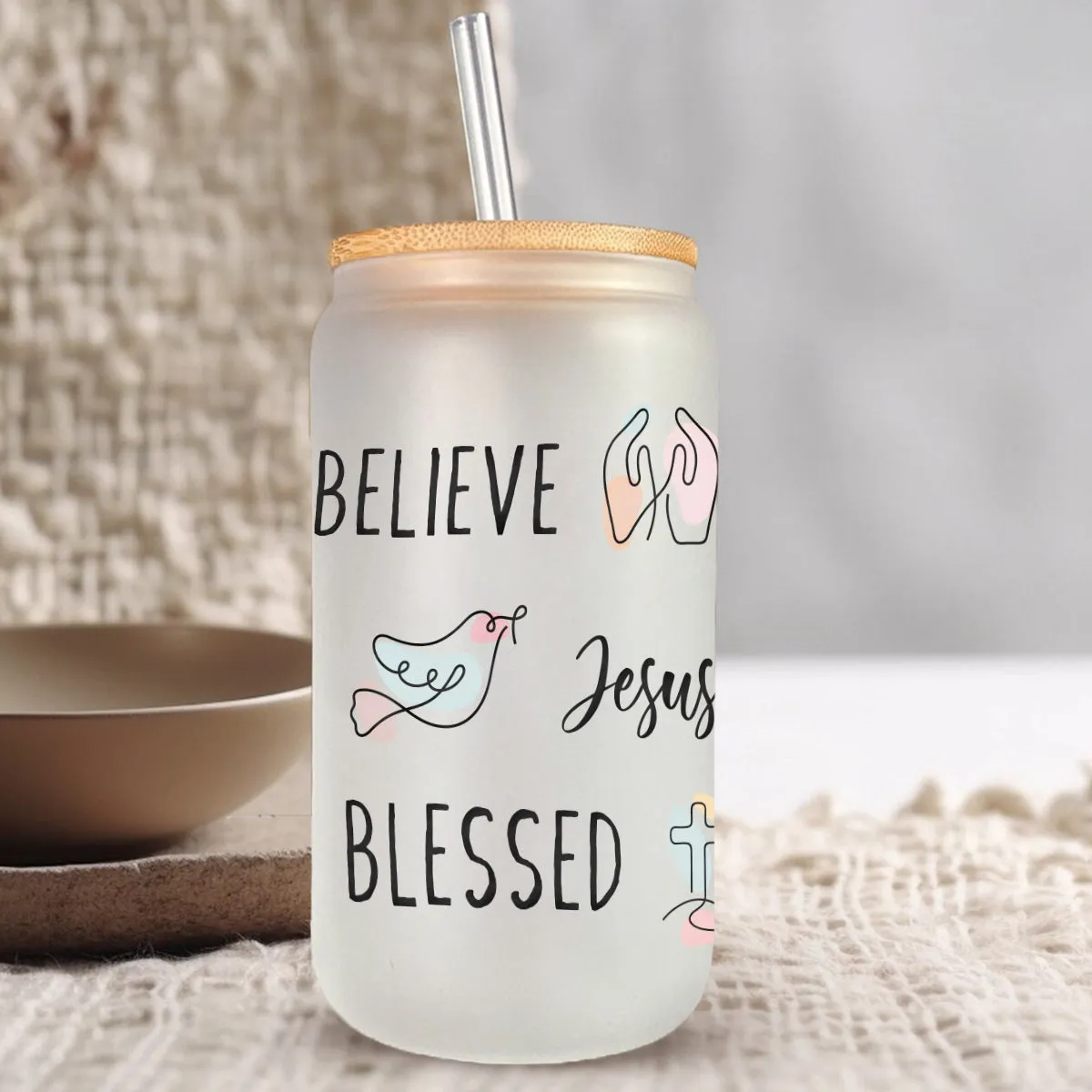 Teesdily | God Bible Verse Glass Tumbler, Christian Affirmation Frosted Glass Can, Christianity Continuous Line Symbols Coffee Cup, Religious Gifts