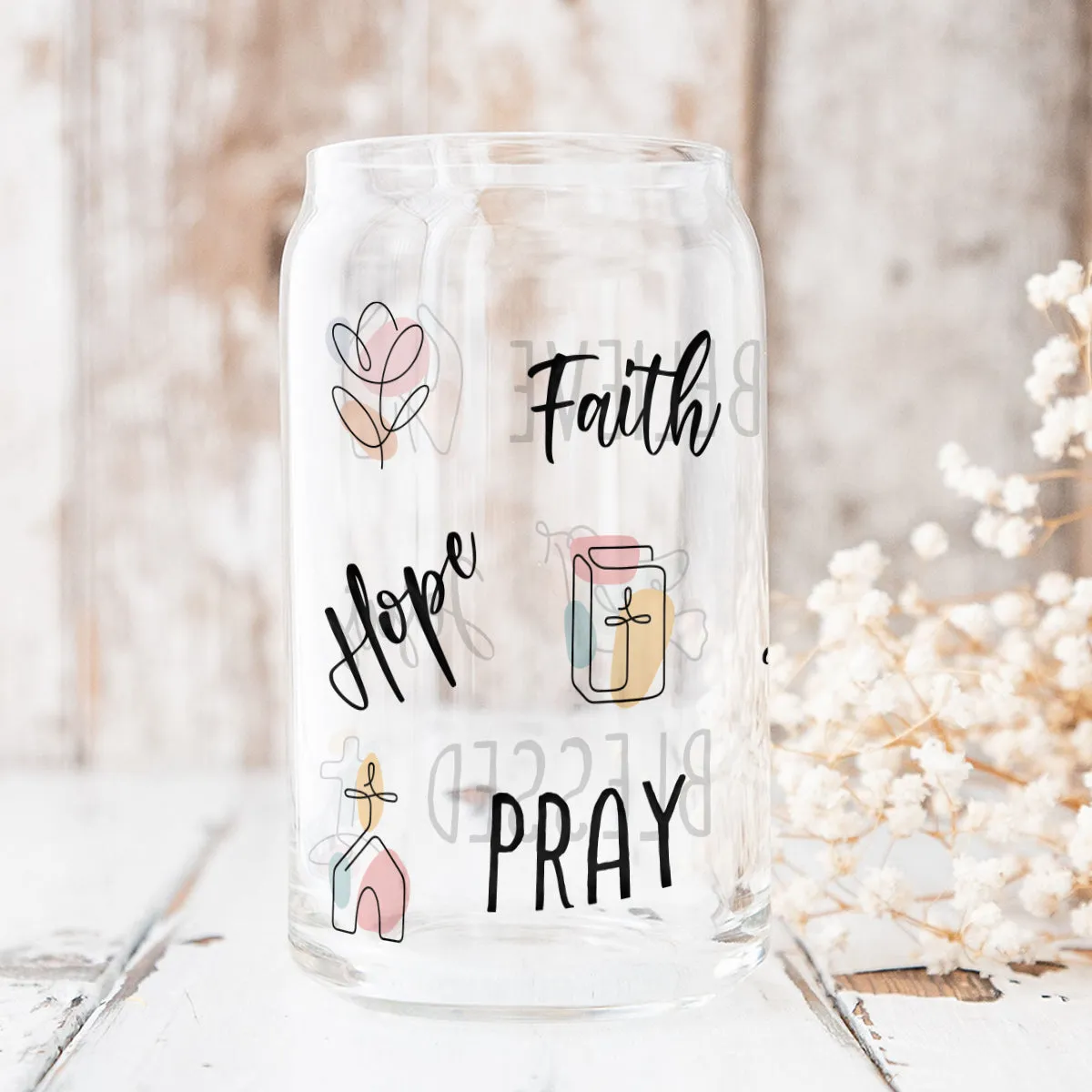 Teesdily | God Bible Verse Glass Tumbler, Christian Affirmation Frosted Glass Can, Christianity Continuous Line Symbols Coffee Cup, Religious Gifts