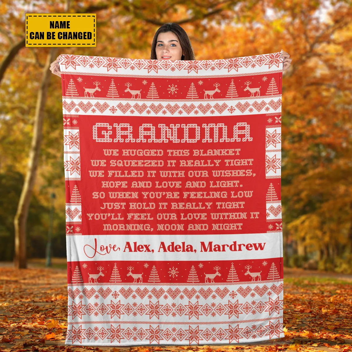 Teesdily | Grandma Christmas Knitting Print Customized Blanket Gift From Grandkid Custom We Hugged This Blanket Christmas Holiday Knitting Pattern