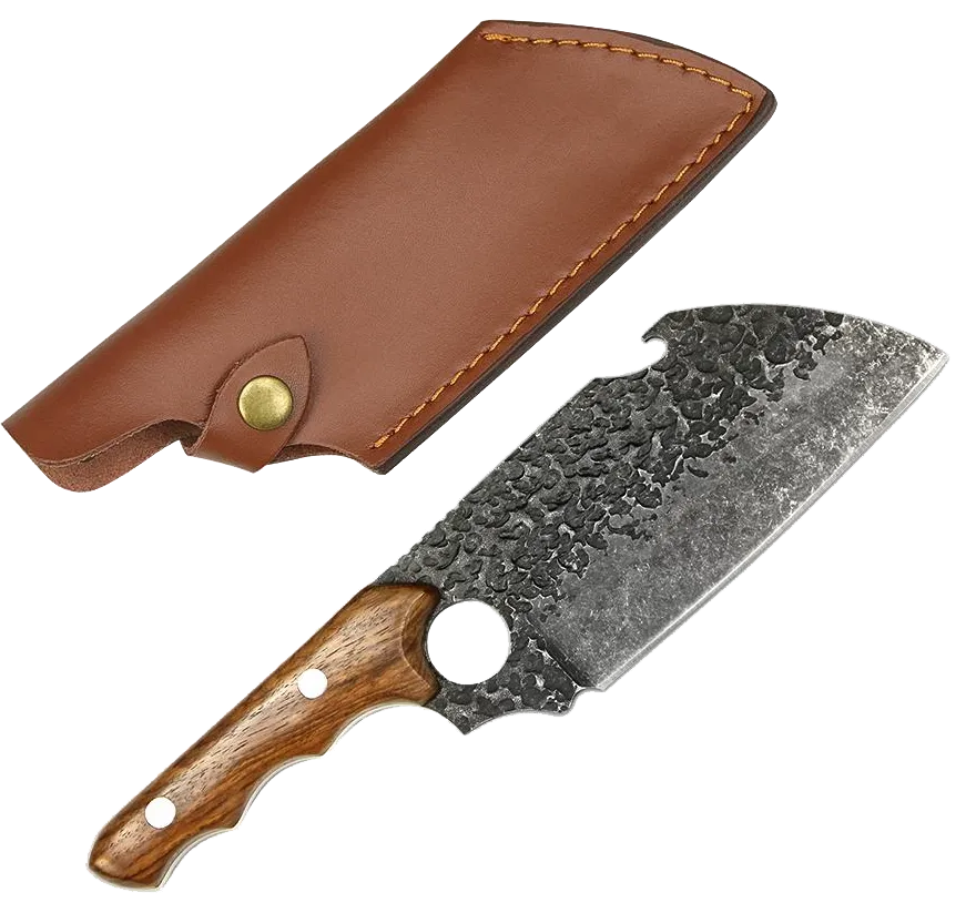 Tejas BBQ Chopper Hammered 5cr15mov Stainless Steel with Rosewood Handle with Leather Sheath - 5.5"