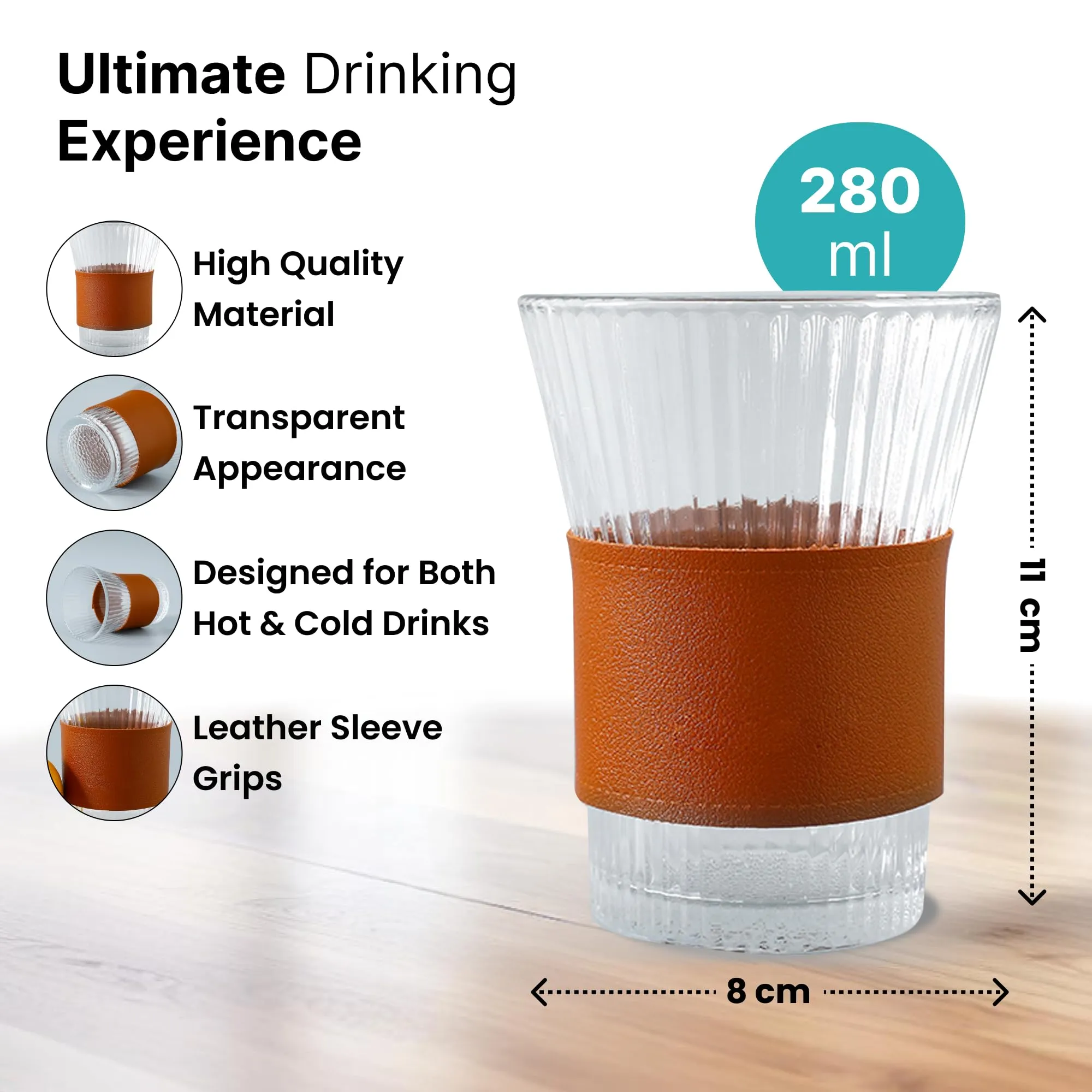 The Better Home Glass Tea Cup (Set of 8-280ml Each) Lead Free Coffee Cup with Leather Sleeve Grip | Scratch-Resistance Tea Cup Set | House Warming Gifts for New Home| Return Gifts for Women