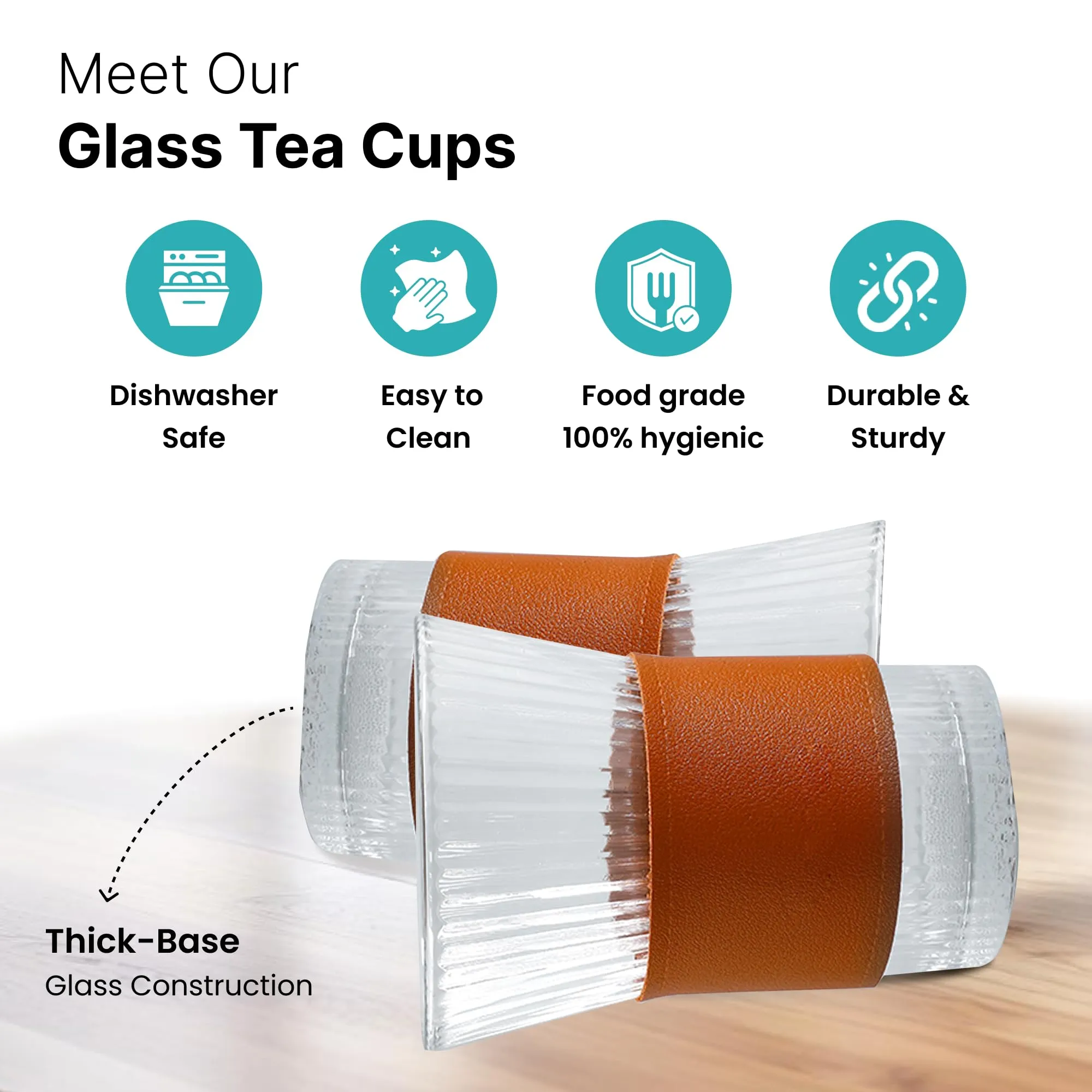 The Better Home Glass Tea Cup (Set of 8-280ml Each) Lead Free Coffee Cup with Leather Sleeve Grip | Scratch-Resistance Tea Cup Set | House Warming Gifts for New Home| Return Gifts for Women